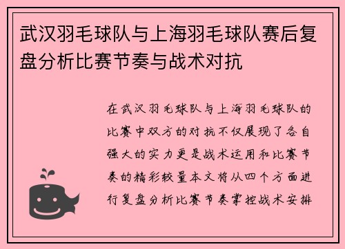 武汉羽毛球队与上海羽毛球队赛后复盘分析比赛节奏与战术对抗